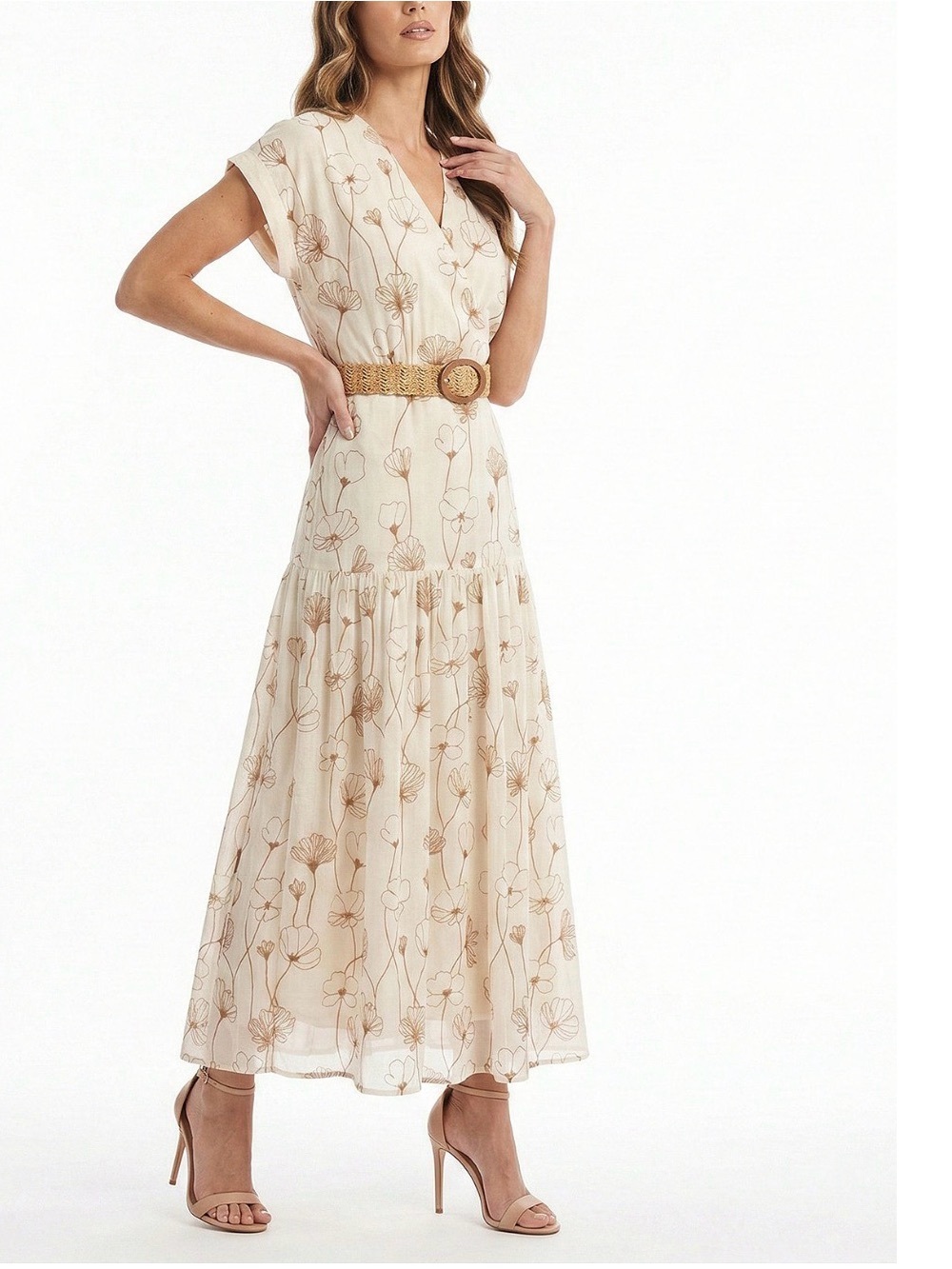 Women's Embroidered V-Neck Belted Dress